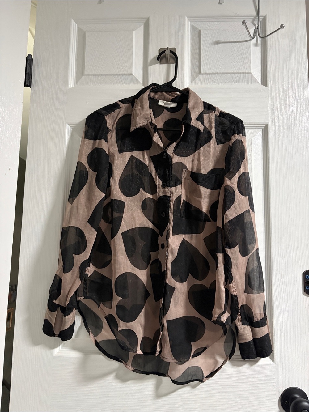 Heart-Print Button-Up Blouse - Black on Taupe